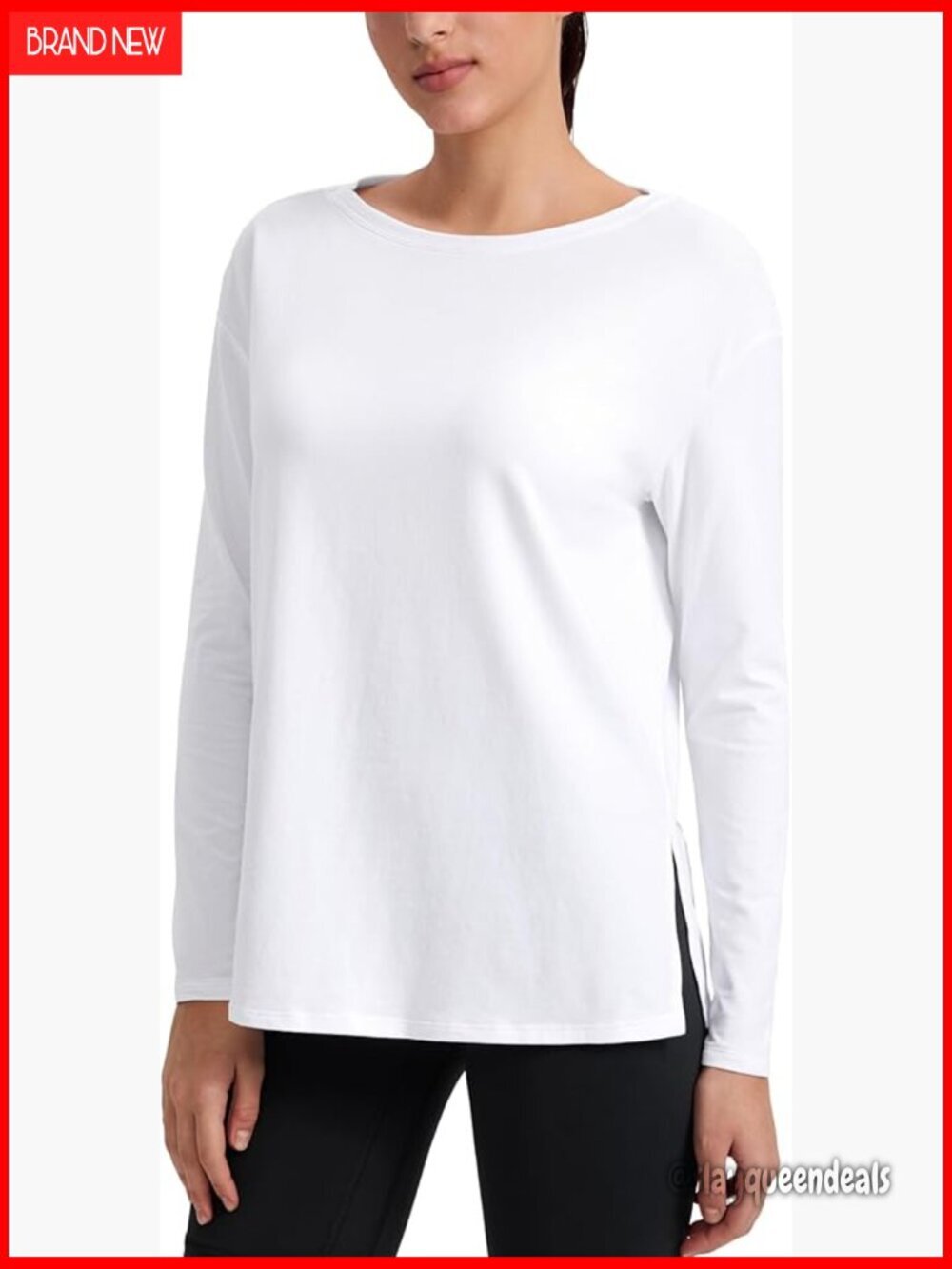 Cotton-Blend Long Sleeve Boat Neck Top - Athletic Casual Relaxed Fit
